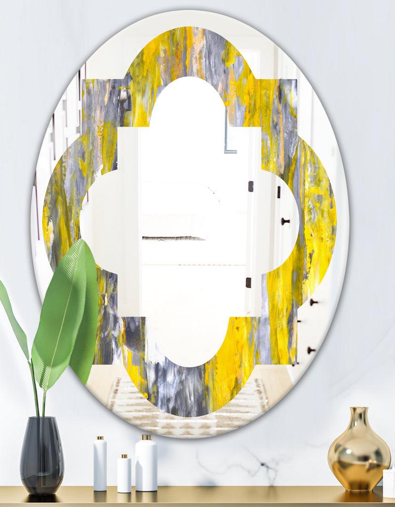 DesignQ Grey And Yellow Abstract Pattern - Modern Round Or Oval Wall Mirror - Quatrefoil