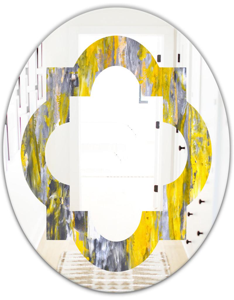 DesignQ Grey And Yellow Abstract Pattern - Modern Round Or Oval Wall Mirror - Quatrefoil