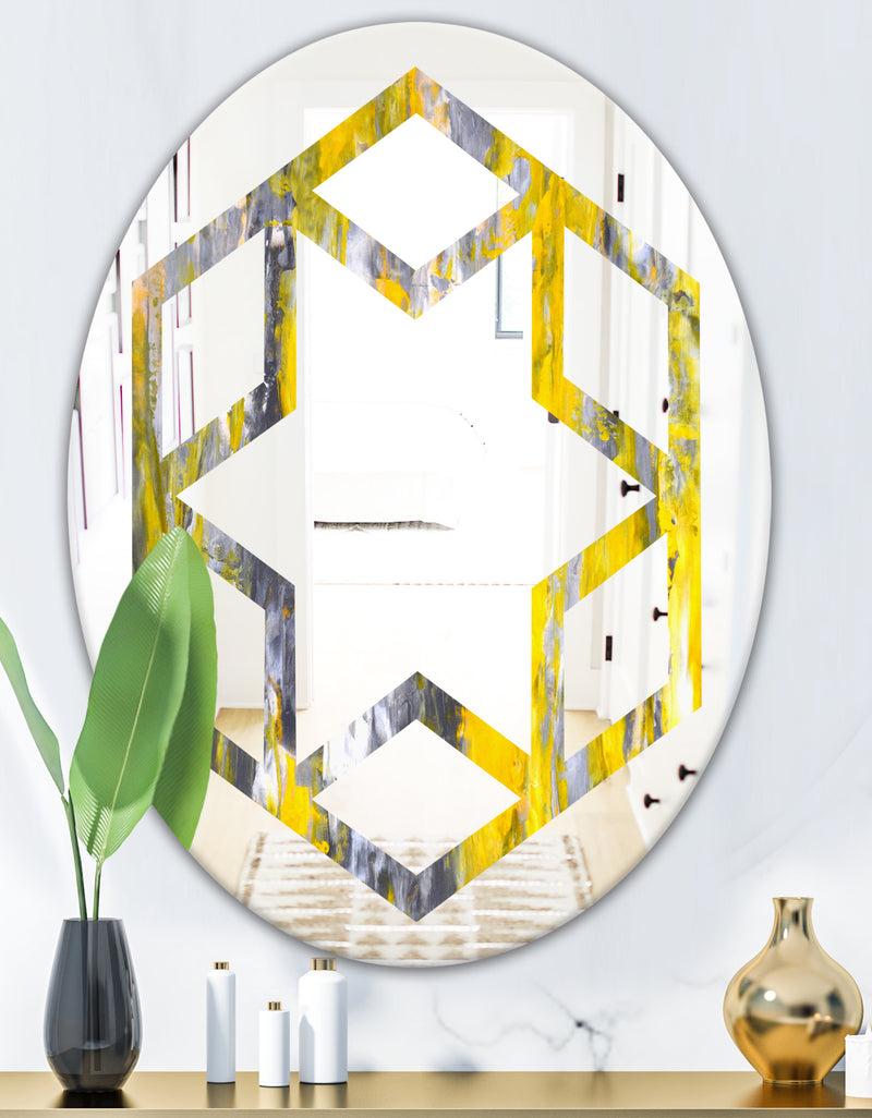 DesignQ Grey And Yellow Abstract Pattern - Modern Round Or Oval Wall Mirror - Hexagon Star