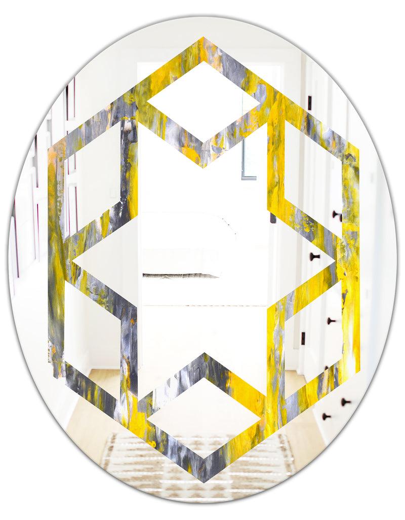 DesignQ Grey And Yellow Abstract Pattern - Modern Round Or Oval Wall Mirror - Hexagon Star