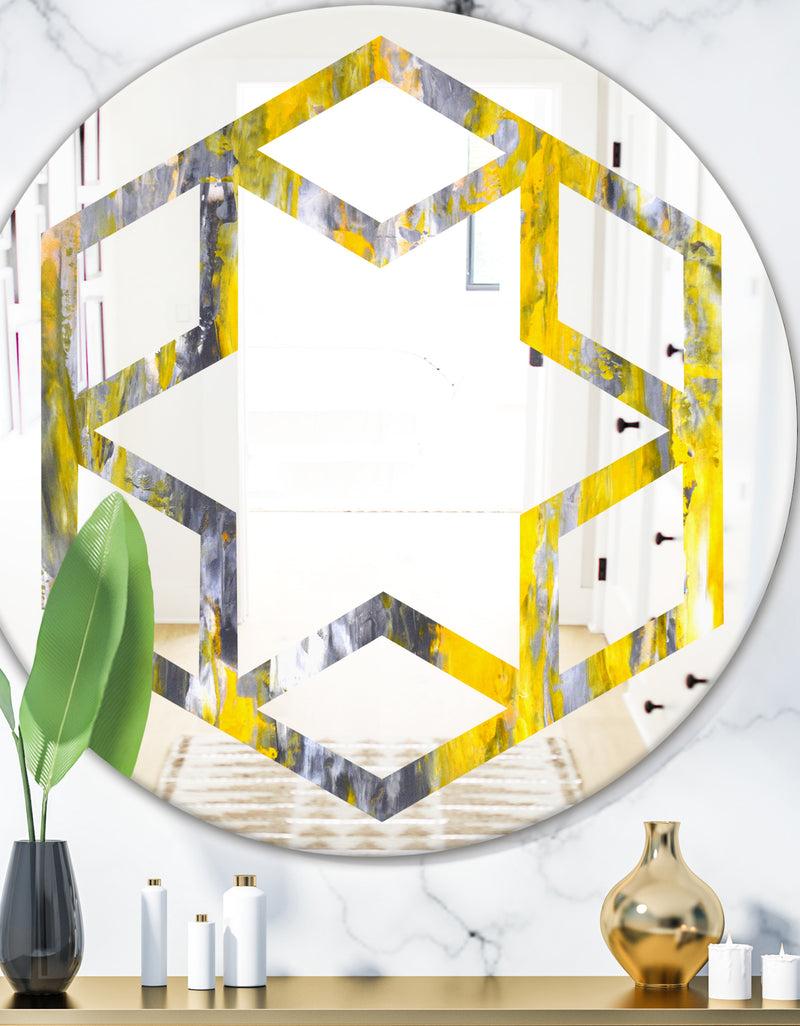 DesignQ Grey and Yellow Abstract Pattern - Modern Round or Oval Wall Mirror - Hexagon Star