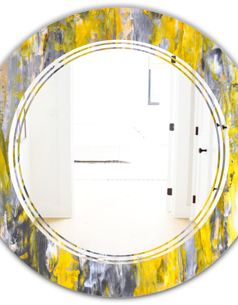 DesignQ Grey And Yellow Abstract Pattern - Modern Round Or Oval Wall Mirror - Triple C