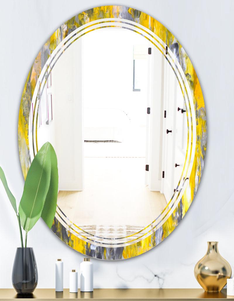 DesignQ Grey And Yellow Abstract Pattern - Modern Round Or Oval Wall Mirror - Triple C