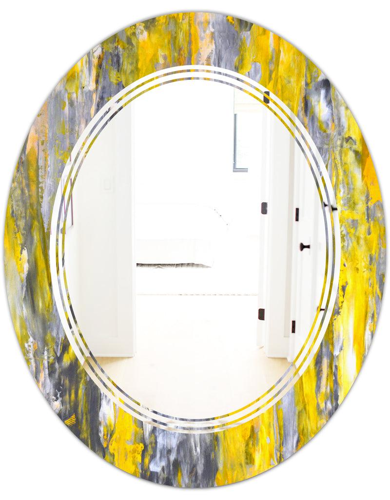 DesignQ Grey And Yellow Abstract Pattern - Modern Round Or Oval Wall Mirror - Triple C