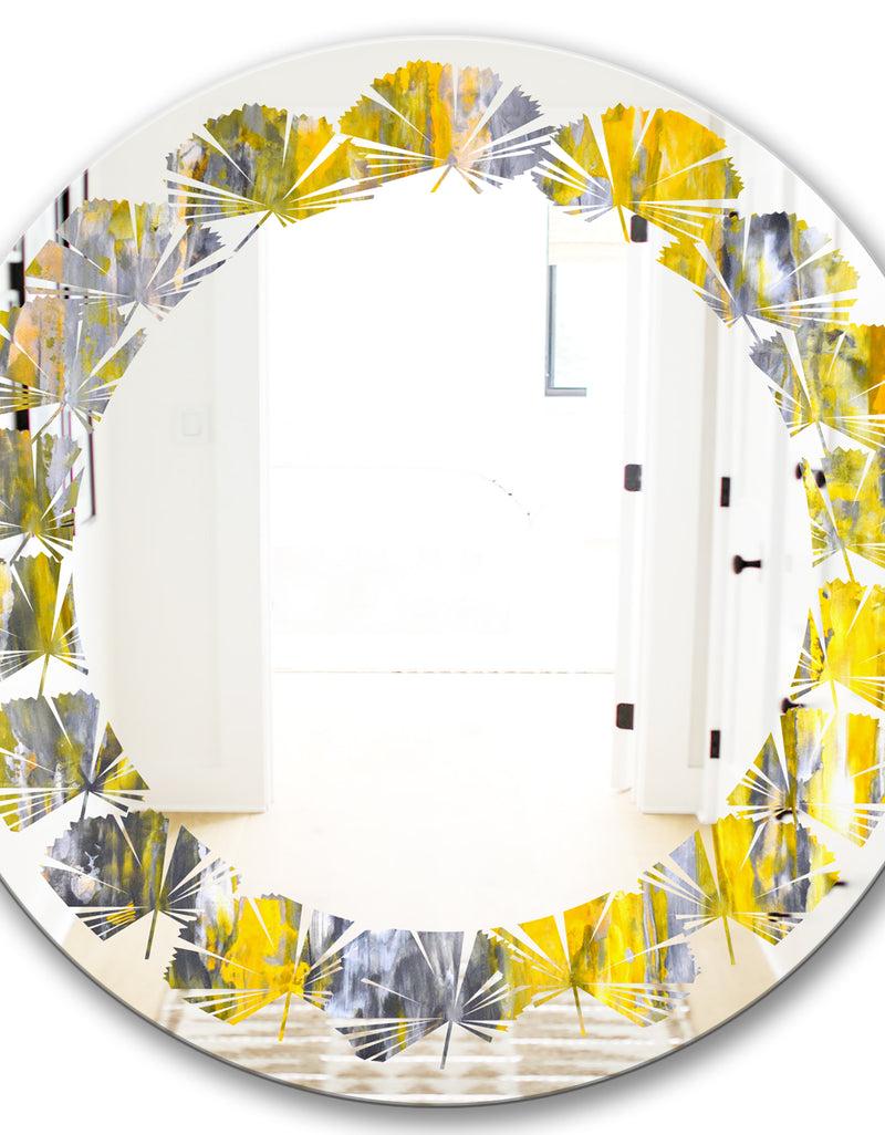 DesignQ Grey And Yellow Abstract Pattern - Modern Round Or Oval Wall Mirror - Leaves