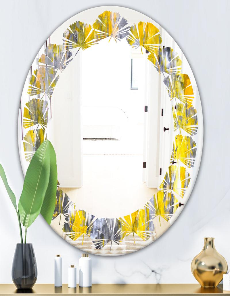 DesignQ Grey And Yellow Abstract Pattern - Modern Round Or Oval Wall Mirror - Leaves