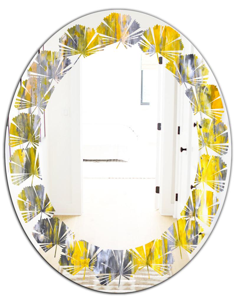 DesignQ Grey And Yellow Abstract Pattern - Modern Round Or Oval Wall Mirror - Leaves