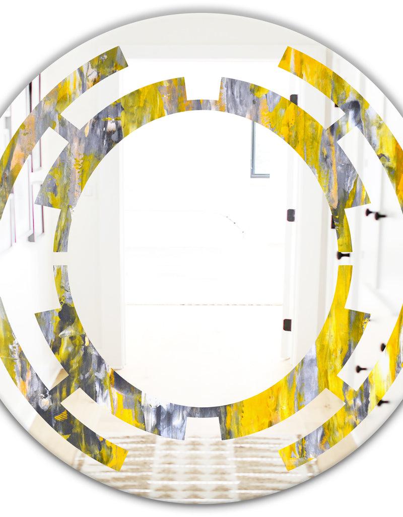 DesignQ Grey And Yellow Abstract Pattern - Modern Round Or Oval Wall Mirror - Space