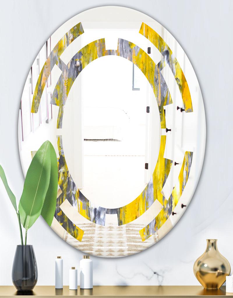 DesignQ Grey And Yellow Abstract Pattern - Modern Round Or Oval Wall Mirror - Space