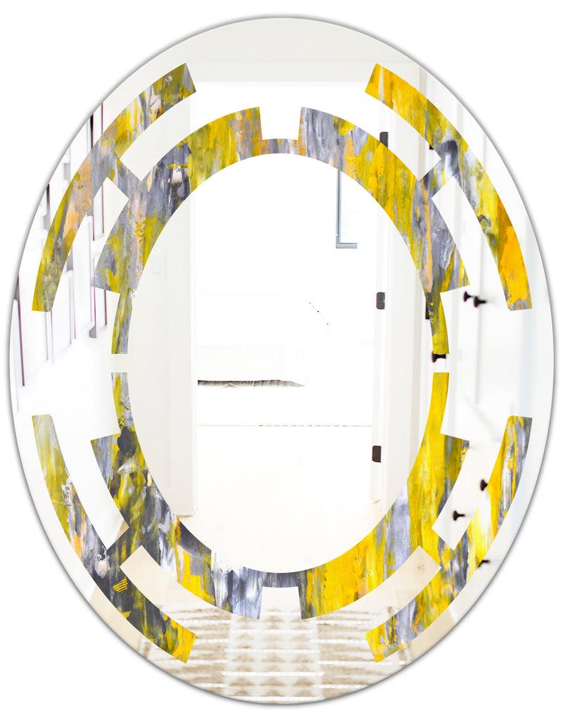 DesignQ Grey And Yellow Abstract Pattern - Modern Round Or Oval Wall Mirror - Space