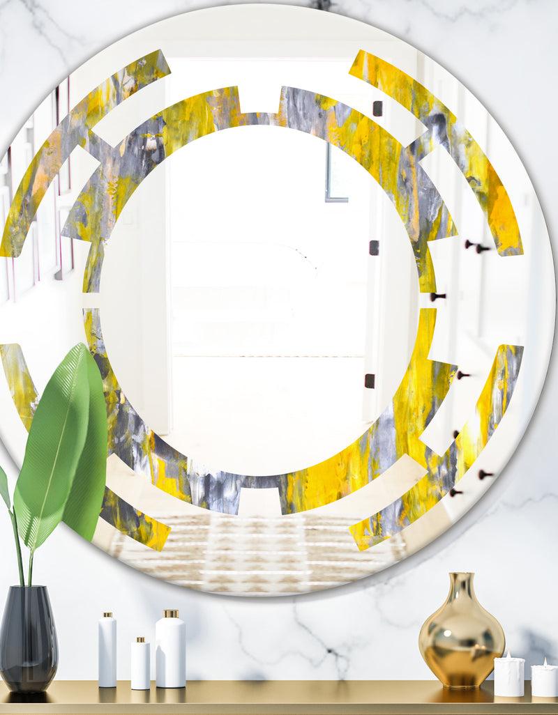 DesignQ Grey and Yellow Abstract Pattern - Modern Round or Oval Wall Mirror - Space