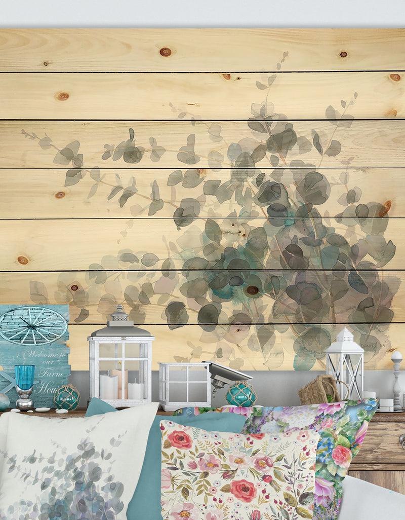 DesignQ Grey Watercolor Flower II - Traditional Print on Natural Pine Wood