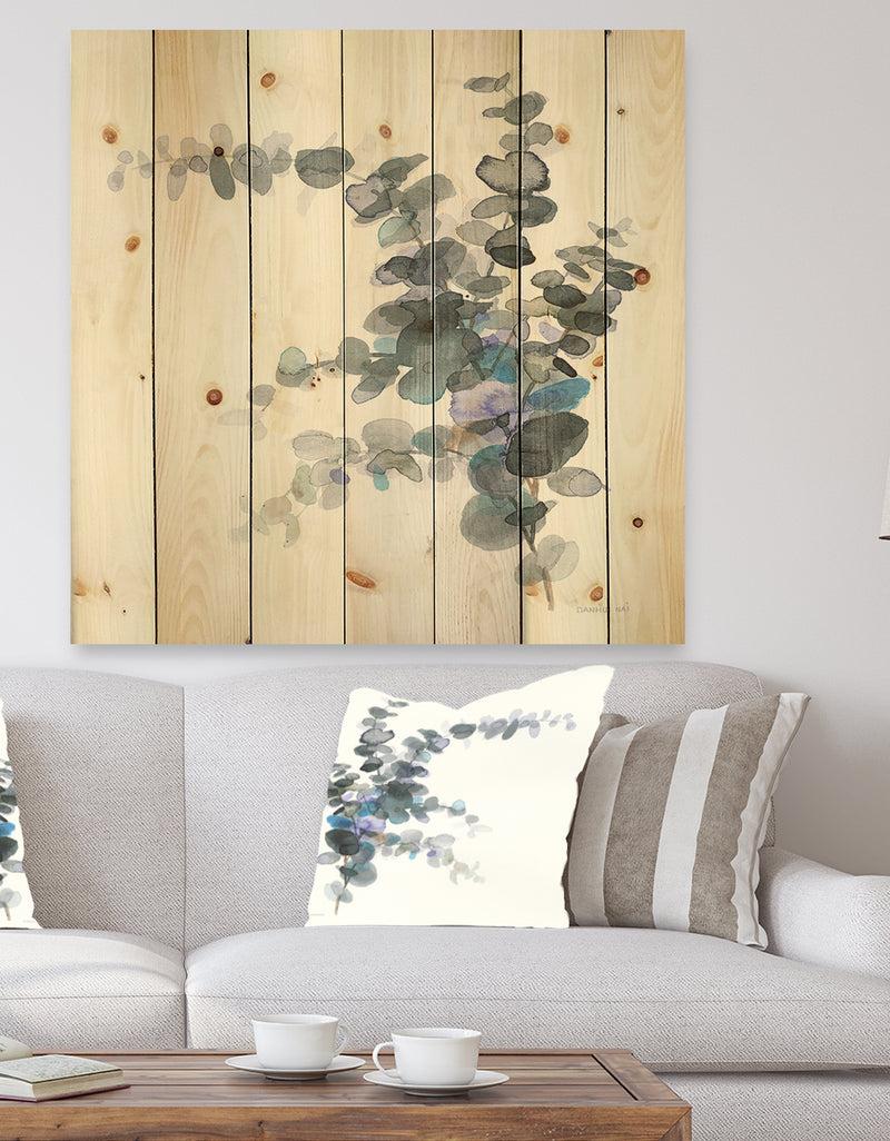 DesignQ Grey Watercolor Flower III - Traditional Print on Natural Pine Wood