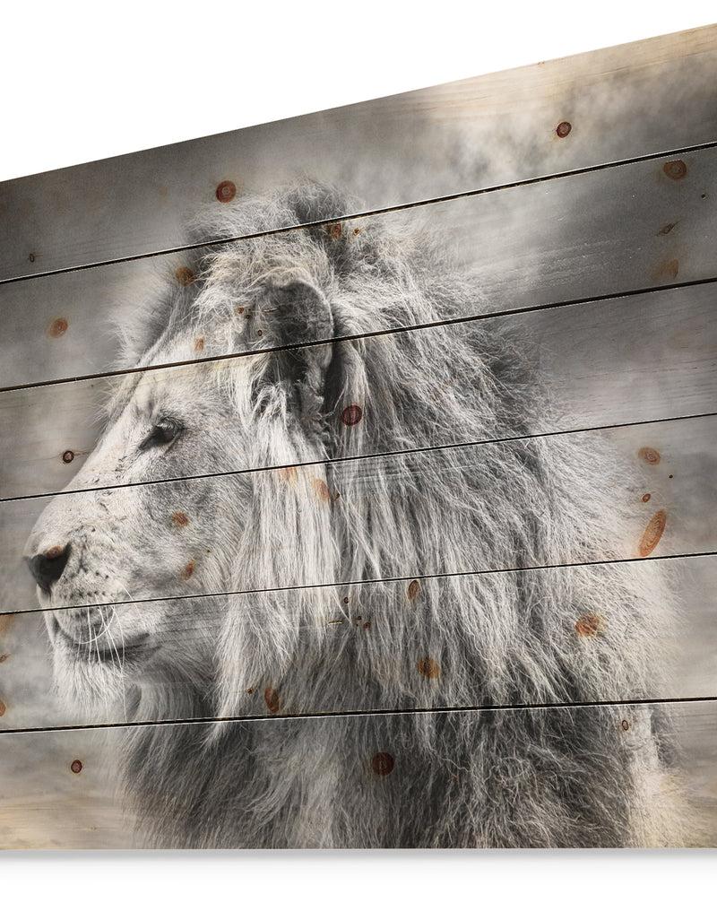 DesignQ Grey Wild African Lion - Animal Print On Natural Pine Wood