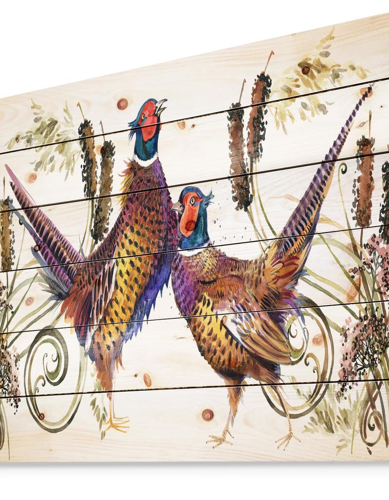 DesignQ Group Of Bird Pheasant Watercolor Illustration - Farmhouse Animal Painting Print On Natural Pine Wood
