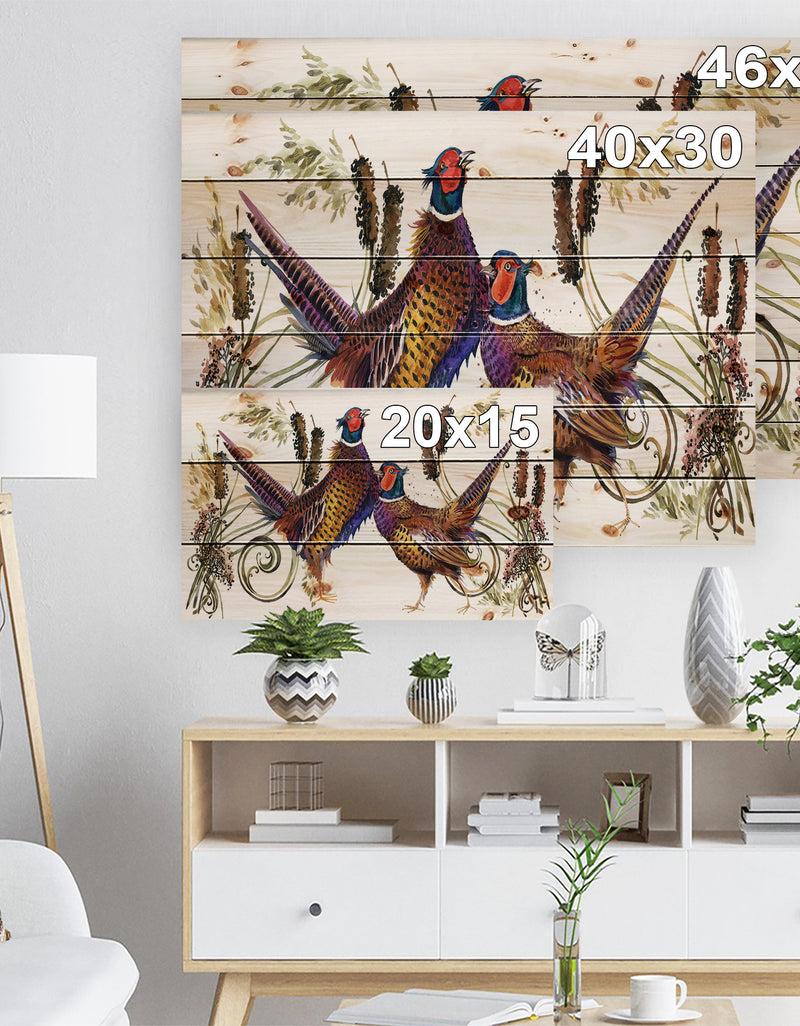 DesignQ Group Of Bird Pheasant Watercolor Illustration - Farmhouse Animal Painting Print On Natural Pine Wood