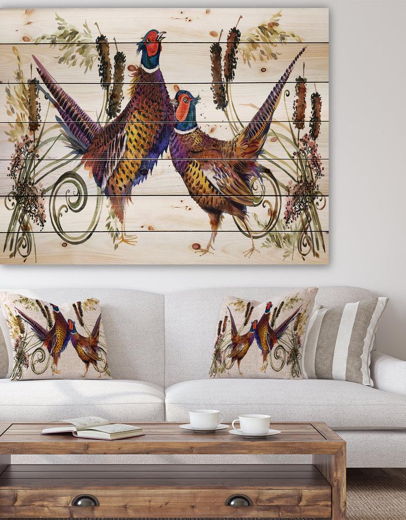 DesignQ Group of Bird pheasant watercolor illustration - Farmhouse Animal Painting Print on Natural Pine Wood