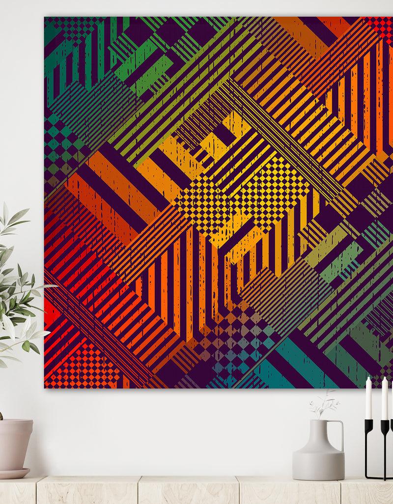 DesignQ Grungy Geometric abstract in Green Yellow and Blue - Modern & Contemporary Gallery-wrapped Canvas