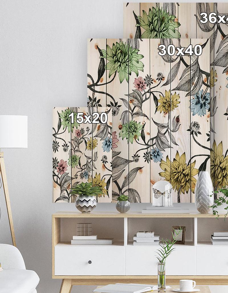 DesignQ Hand Drawn Summer Flowers - Floral Painting Print On Natural Pine Wood