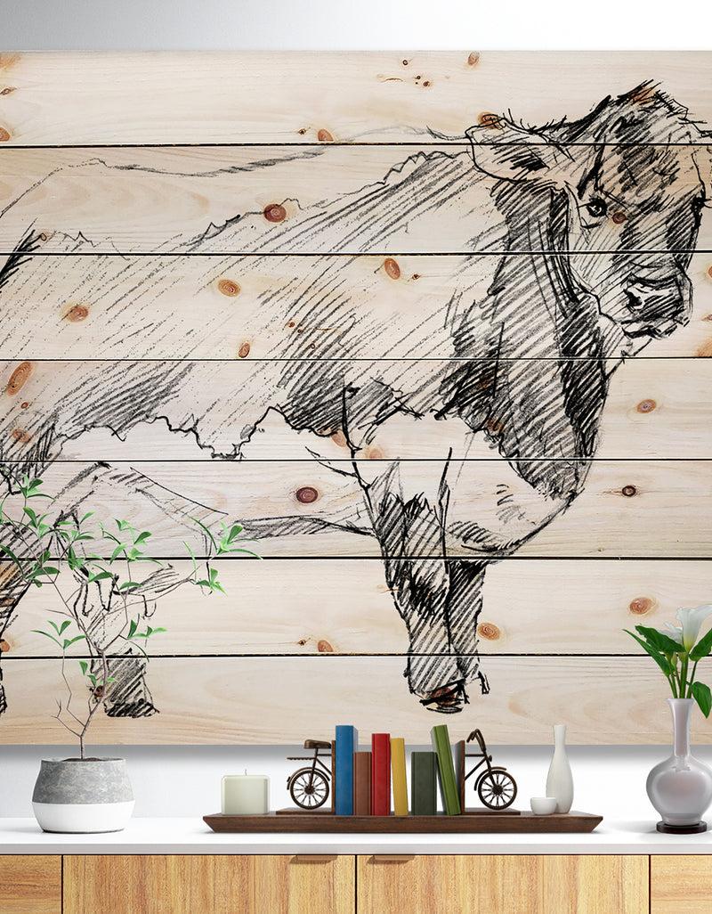 DesignQ Handdrawn Dairy cow - Sketch of Farmhouse Animals of Painting Print on Natural Pine Wood