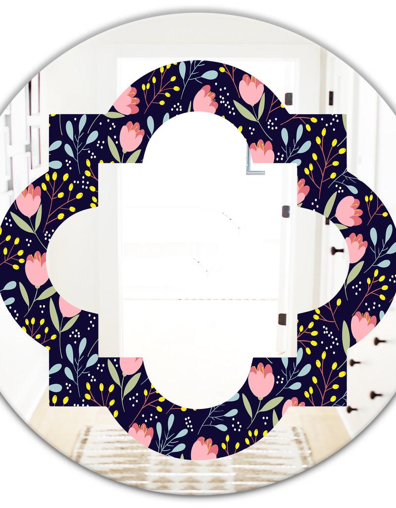 DesignQ Handdrawn Pink Flowers - Modern Round Or Oval Wall Mirror - Quatrefoil