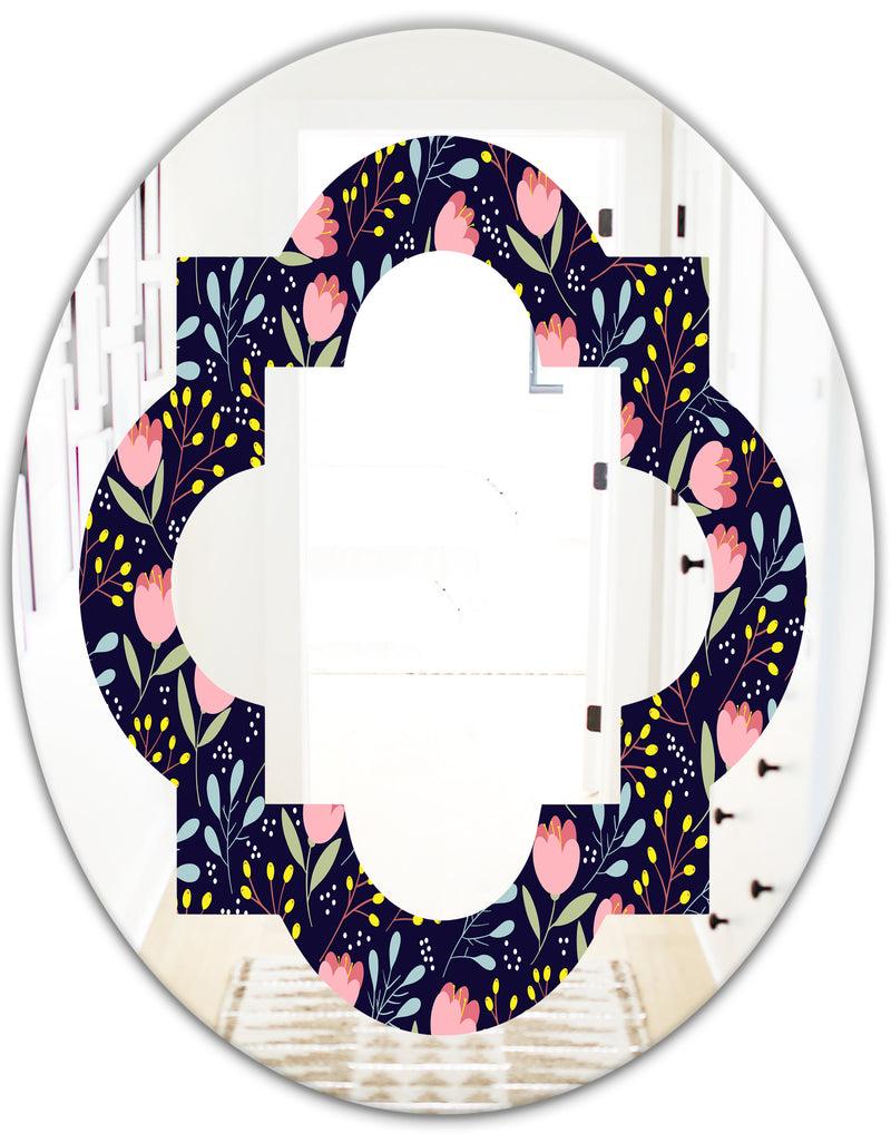 DesignQ Handdrawn Pink Flowers - Modern Round Or Oval Wall Mirror - Quatrefoil
