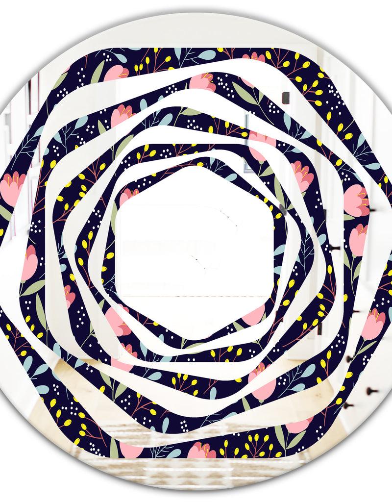 DesignQ Handdrawn Pink Flowers - Modern Round Or Oval Wall Mirror - Whirl
