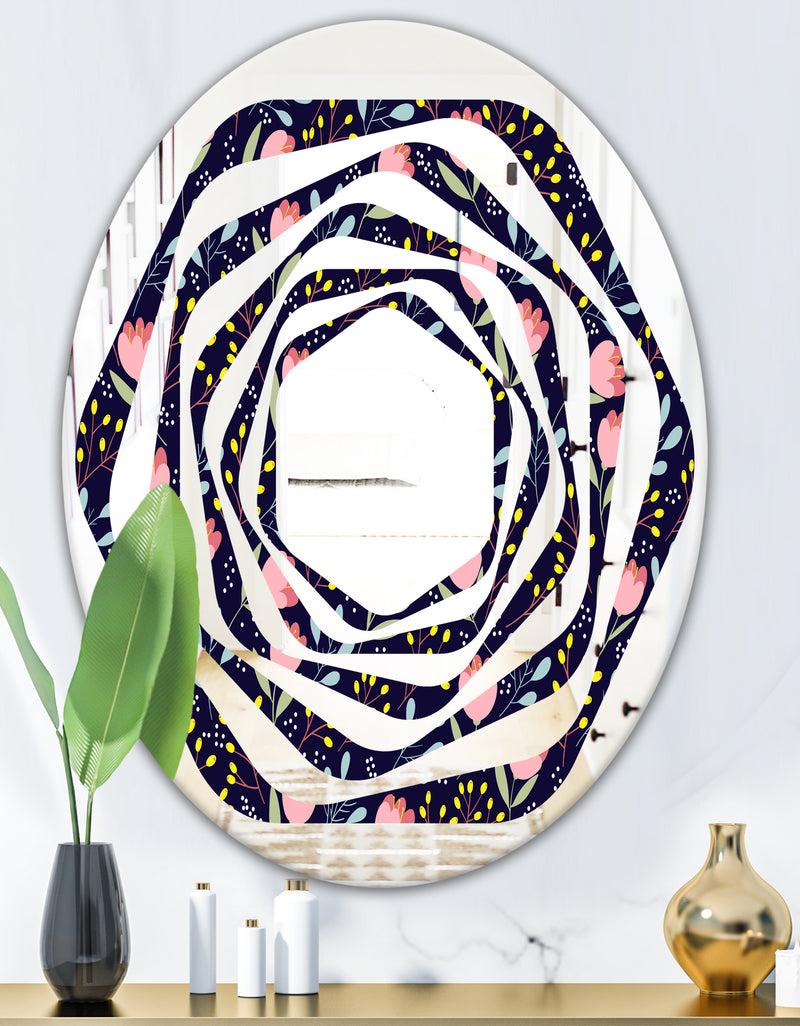 DesignQ Handdrawn Pink Flowers - Modern Round Or Oval Wall Mirror - Whirl