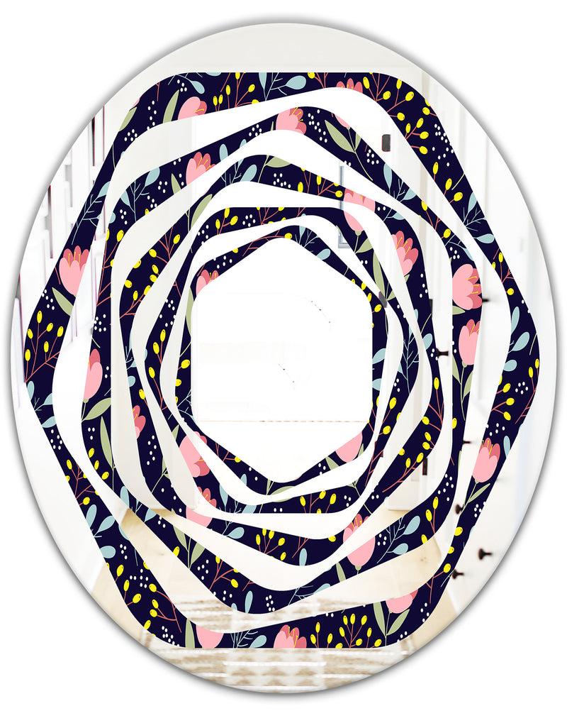 DesignQ Handdrawn Pink Flowers - Modern Round Or Oval Wall Mirror - Whirl
