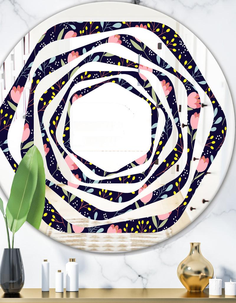 DesignQ Handdrawn Pink Flowers - Modern Round or Oval Wall Mirror - Whirl