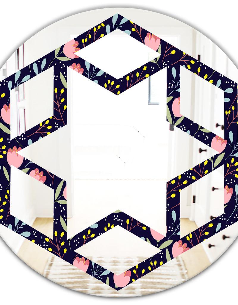 DesignQ Handdrawn Pink Flowers - Modern Round Or Oval Wall Mirror - Hexagon Star
