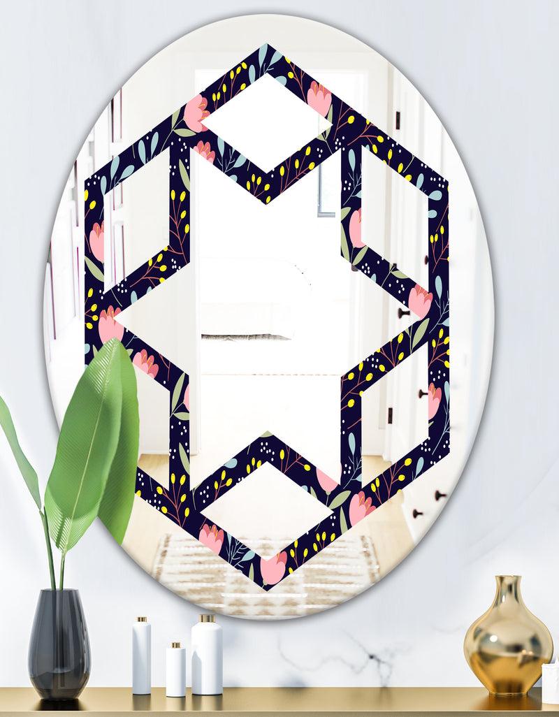 DesignQ Handdrawn Pink Flowers - Modern Round Or Oval Wall Mirror - Hexagon Star