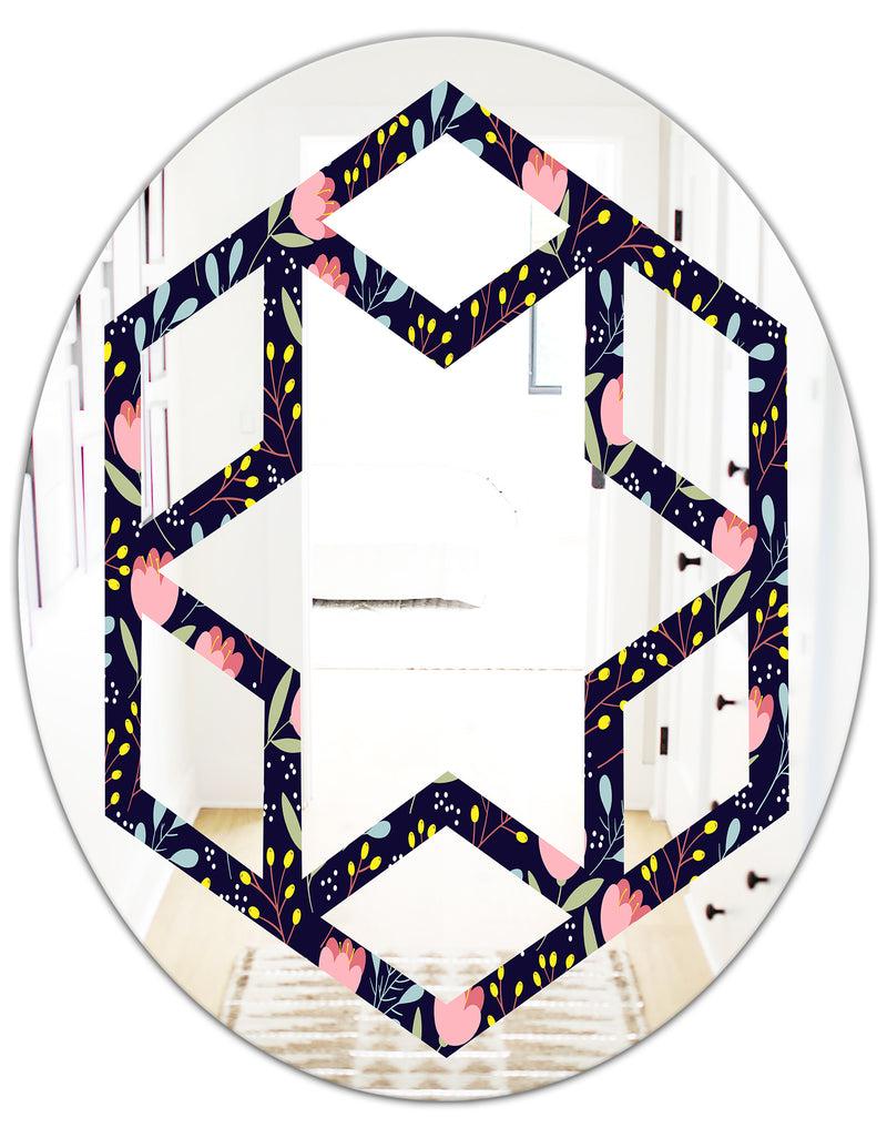 DesignQ Handdrawn Pink Flowers - Modern Round Or Oval Wall Mirror - Hexagon Star