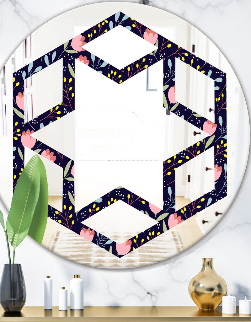 DesignQ Handdrawn Pink Flowers - Modern Round or Oval Wall Mirror - Hexagon Star