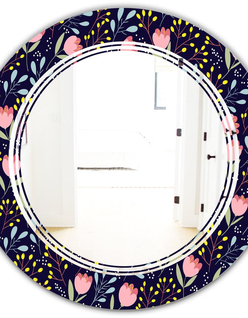 DesignQ Handdrawn Pink Flowers - Modern Round Or Oval Wall Mirror - Triple C