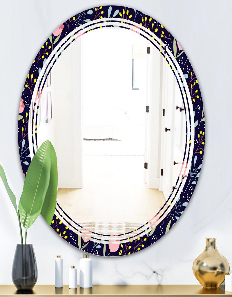 DesignQ Handdrawn Pink Flowers - Modern Round Or Oval Wall Mirror - Triple C