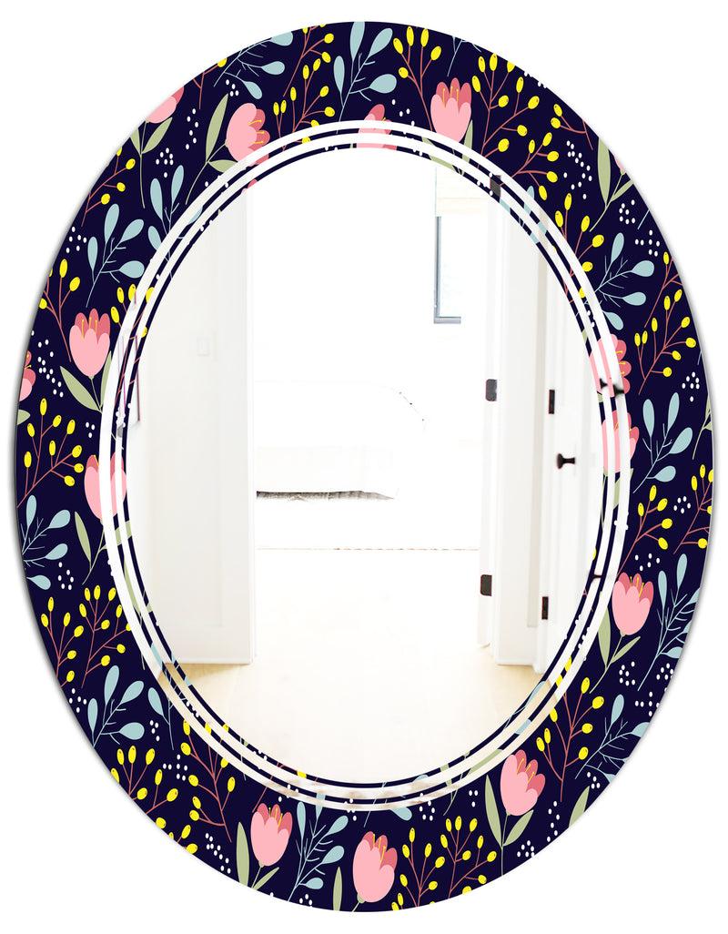 DesignQ Handdrawn Pink Flowers - Modern Round Or Oval Wall Mirror - Triple C