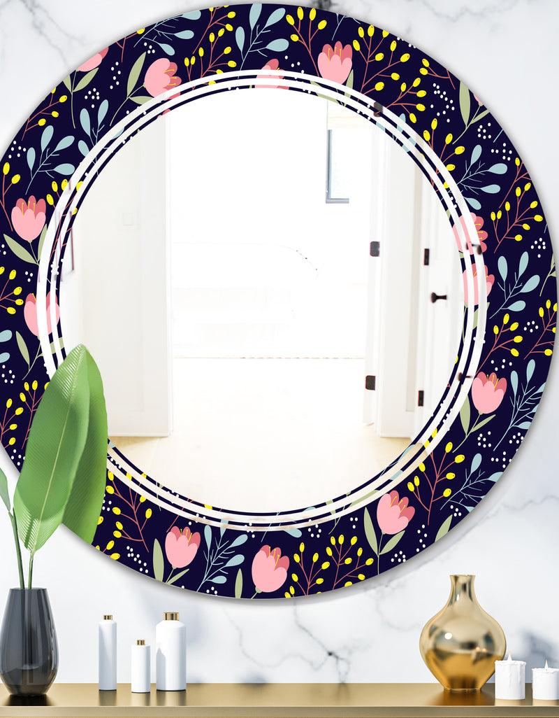 DesignQ Handdrawn Pink Flowers - Modern Round or Oval Wall Mirror - Triple C