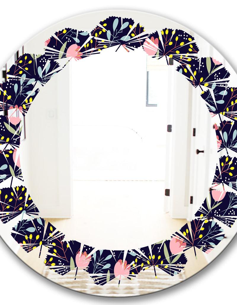 DesignQ Handdrawn Pink Flowers - Modern Round Or Oval Wall Mirror - Leaves
