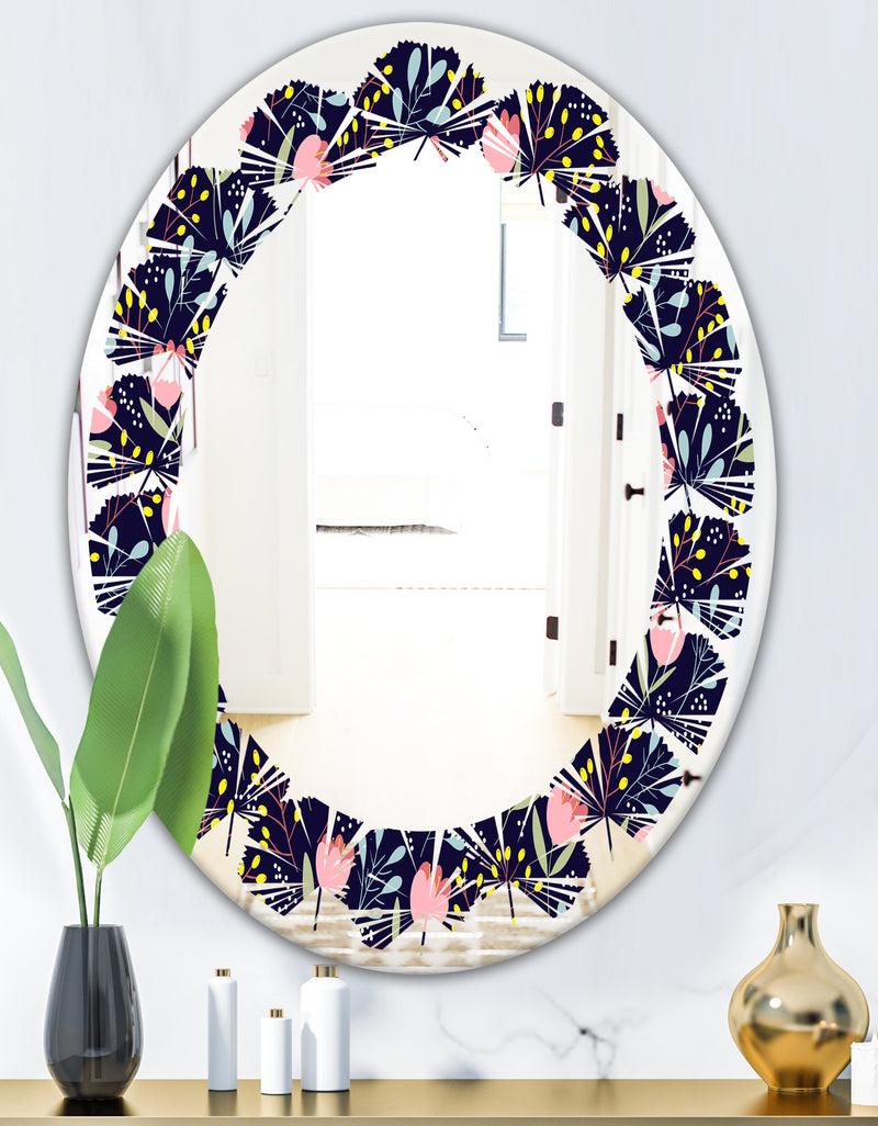 DesignQ Handdrawn Pink Flowers - Modern Round Or Oval Wall Mirror - Leaves