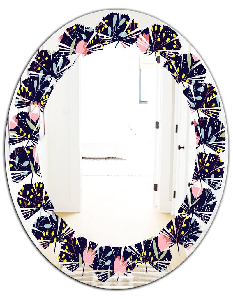 DesignQ Handdrawn Pink Flowers - Modern Round Or Oval Wall Mirror - Leaves