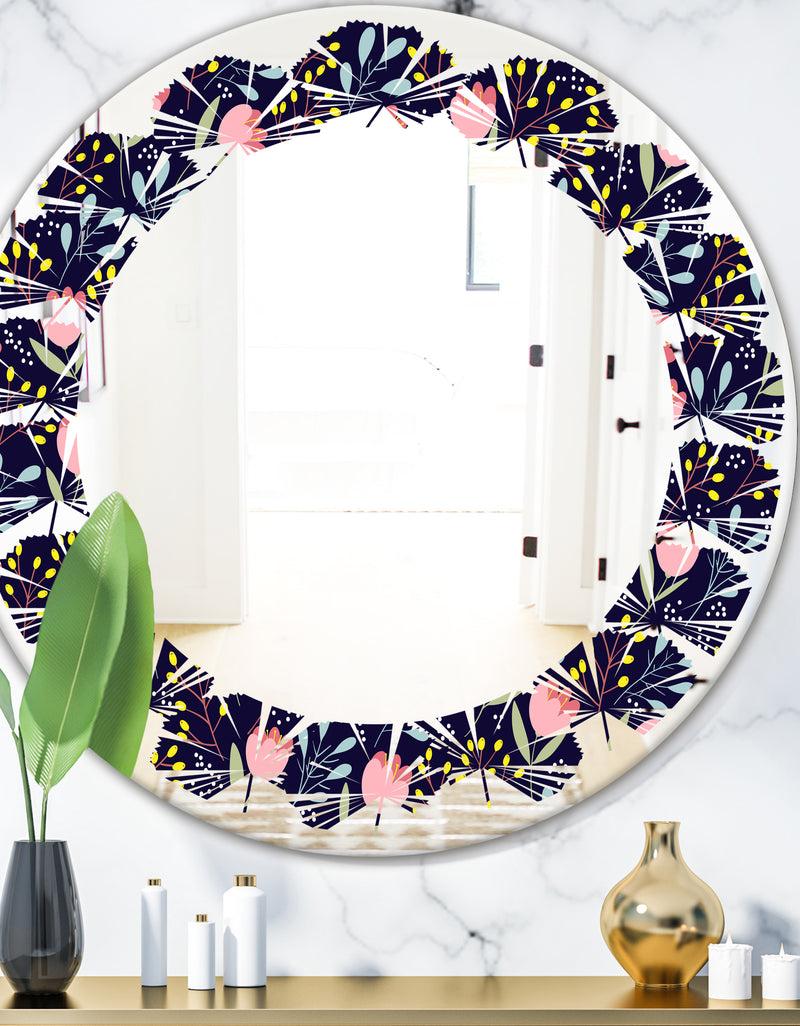 DesignQ Handdrawn Pink Flowers - Modern Round or Oval Wall Mirror - Leaves