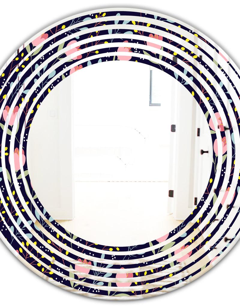 DesignQ Handdrawn Pink Flowers - Modern Round Or Oval Wall Mirror - Wave