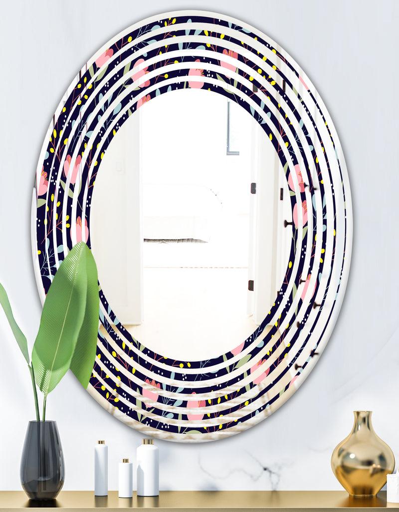 DesignQ Handdrawn Pink Flowers - Modern Round Or Oval Wall Mirror - Wave