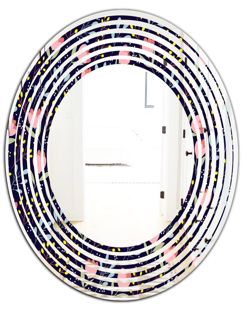 DesignQ Handdrawn Pink Flowers - Modern Round Or Oval Wall Mirror - Wave