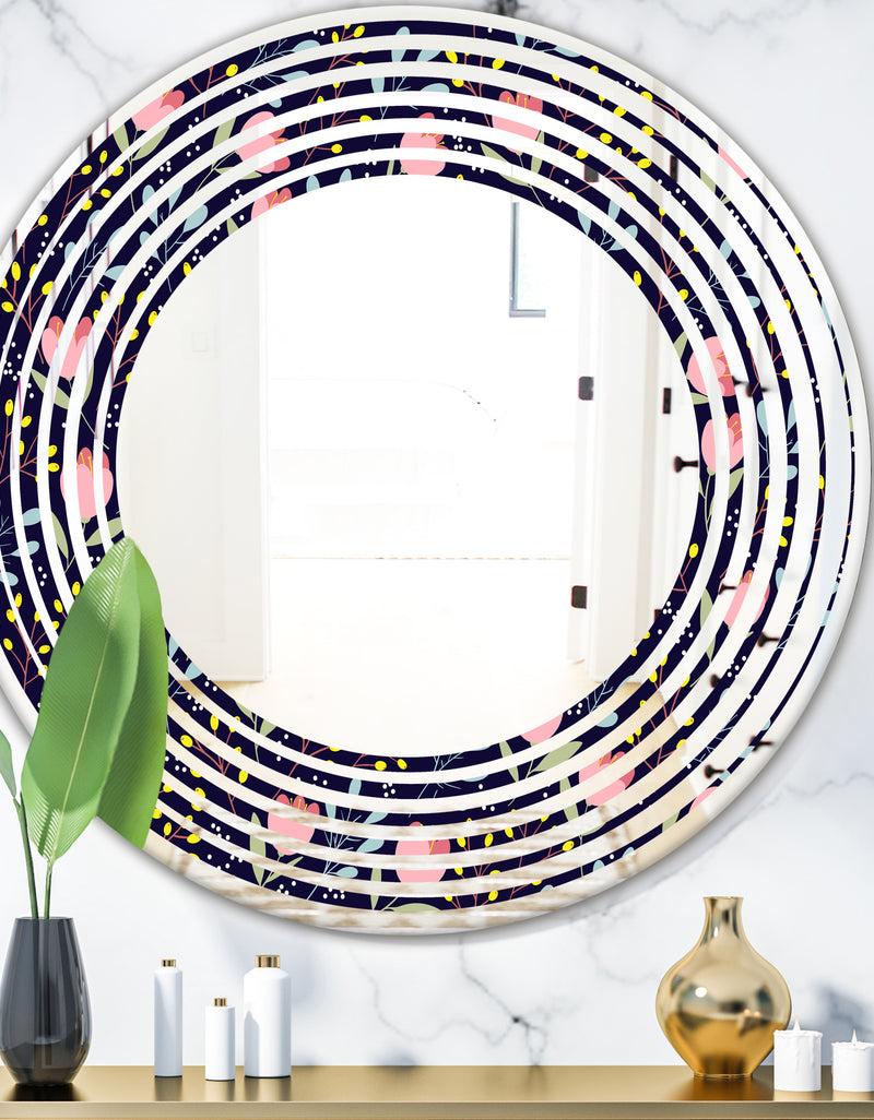 DesignQ Handdrawn Pink Flowers - Modern Round or Oval Wall Mirror - Wave
