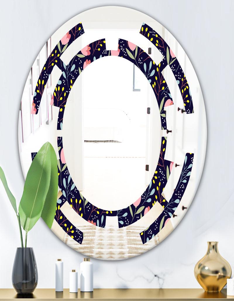 DesignQ Handdrawn Pink Flowers - Modern Round Or Oval Wall Mirror - Space