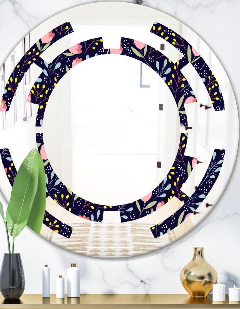 DesignQ Handdrawn Pink Flowers - Modern Round or Oval Wall Mirror - Space