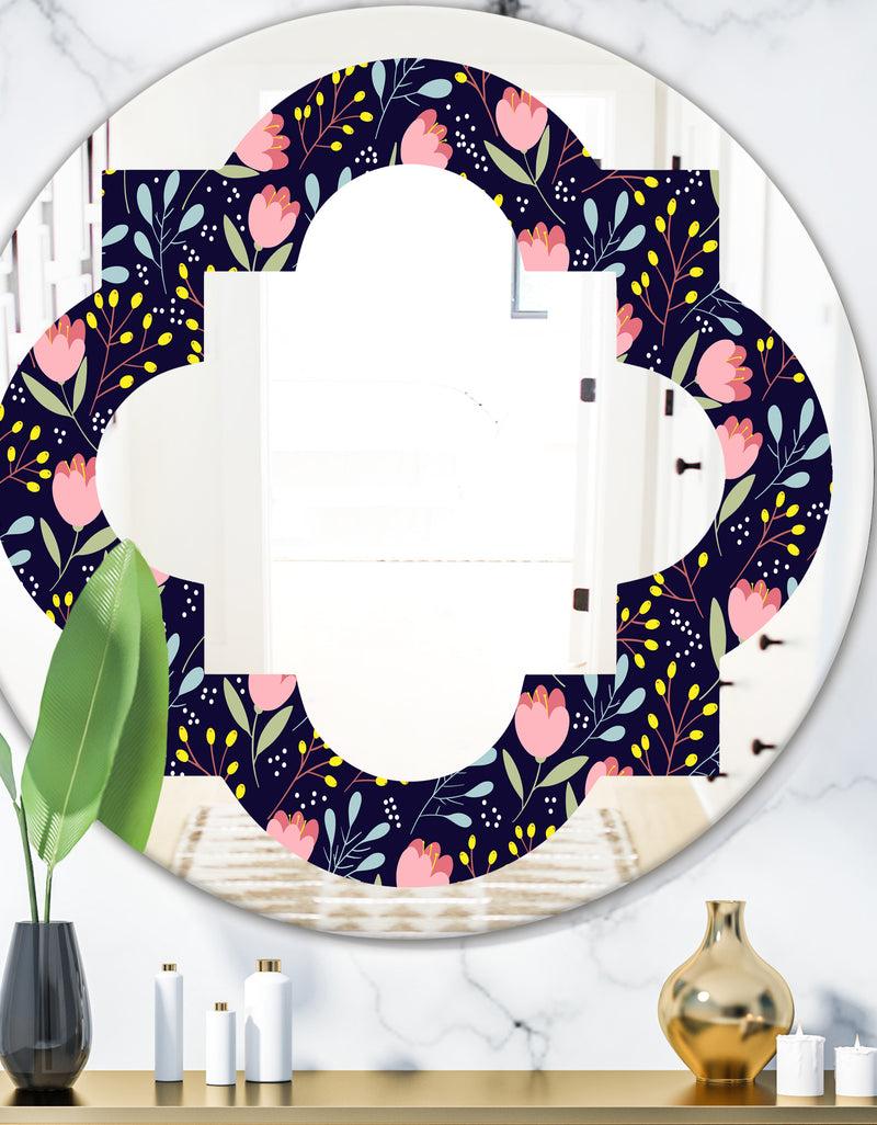 DesignQ Handdrawn Pink Flowers - Modern Round or Oval Wall Mirror - Quatrefoil