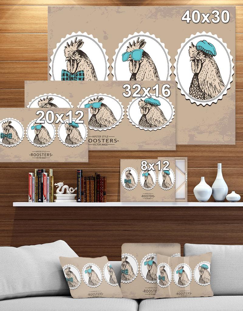 DesignQ Handdrawn Vintage Rooster Hipster Style - Illustration Of Farmhouse Animals Of Painting Print On Wrapped Canvas